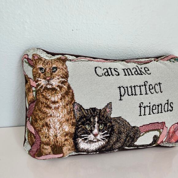Vintage Cat Tapestry Pillow Cats Make Purrfect Friends Small Tabby Ribbon 11X7 - Picture 3 of 13